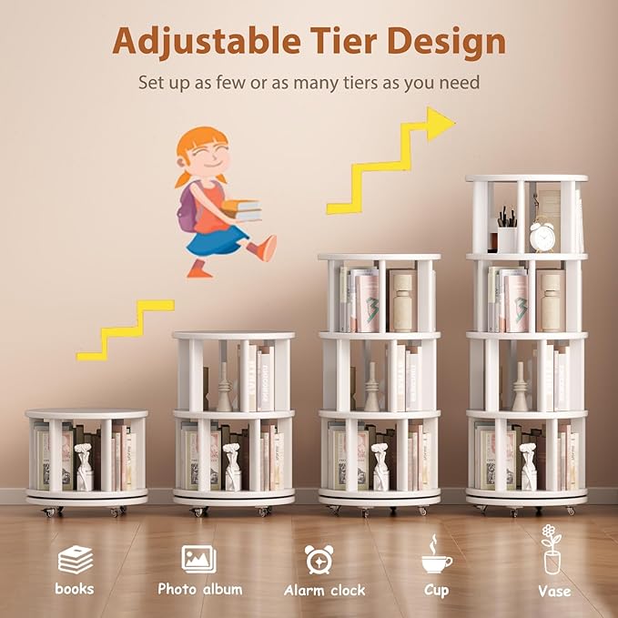 Solid Wood Rotating Bookshelf on Wheels, 4 Tier, Round Revolving Bookcase, 360° Spinning Book Shelf Tower for Kids, Narrow Rolling Bookshelves for Small Space, Corner, Bedroom, Office, White