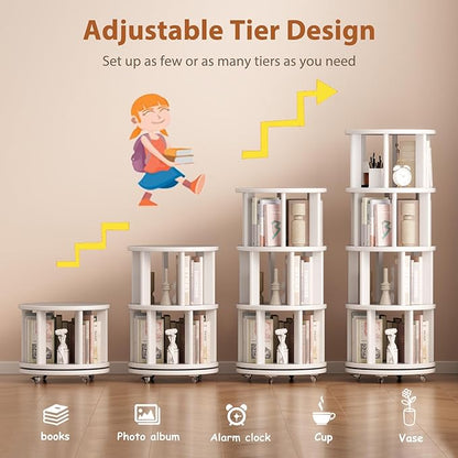 Solid Wood Rotating Bookshelf on Wheels, 4 Tier, Round Revolving Bookcase, 360° Spinning Book Shelf Tower for Kids, Narrow Rolling Bookshelves for Small Space, Corner, Bedroom, Office, White