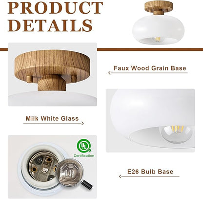 Mid-Century Modern Semi Flush Mount Ceiling Light, Faux Wood Kitchen Ceiling Light Fixture with Glass Shade, Vintage White Close to Ceiling Lamp for Entryway Hallway Bathroom (8.66 Inch)