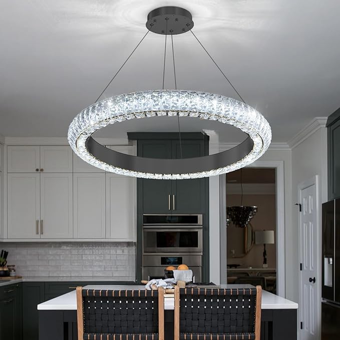 24" Ring Modern LED Dimmable Crystal Chandelier Adjustable Height Pendant Light Round Crystal Chandelier Light Fixtures for Dining Room Living Room Kitchen Island Black