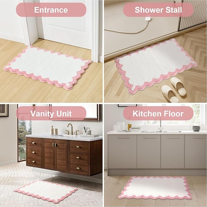 ORTIGIA Small Cute Scalloped Bath Mat, White and Pink Plush Microfiber Scallop Bathroom Rugs Non Slip Washable Quick Dry Absorbent, Bathmat for Shower Stall Vanities Kitchen Floor Entrance, 17x24