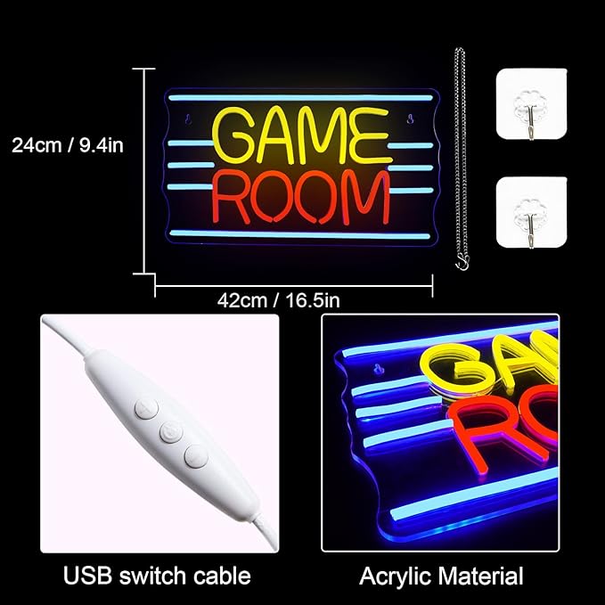 LUCUNSTAR Game Room Neon Sign For Wall Decor Neon Lights With Dimmable Switches Gaming Room Led Lights Club Bedroom Gift For Teens USB Powered 16.5 x 9.4 inches