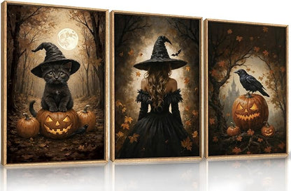 HOURIA Large Halloween Spooky Witch Black Cat Raven Framed Canvas Wall Art Set,Witchy Hat Pumpkin Wall Decor,Full Moon Autumn Forest Artwork,Dark Castle Art Prints for Living Room, Bedroom-16 x24 x3