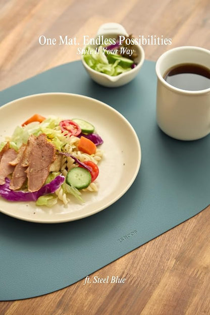 Steel Blue Oval Silicone Placemats Set of 4 – Heat Resistant, Waterproof, Easy to Clean Non-Slip Modern Dining Table Mats – Premium Leather Textured Japandi Kitchen Decor