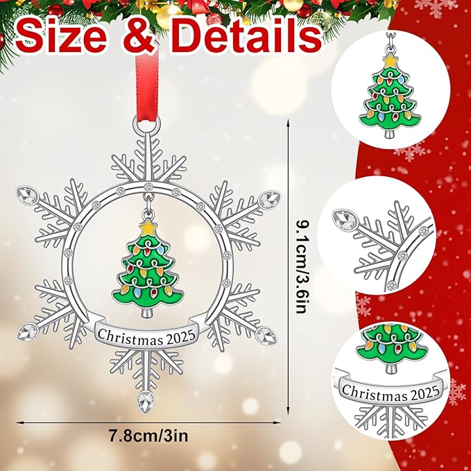 Christmas Ornament 2025, Silver Snowflake Ornament with Tree Design, Metal Hanging Engraved Christmas 2025 Ornaments, Holiday Keepsake Ornament for Xmas Tree Decor