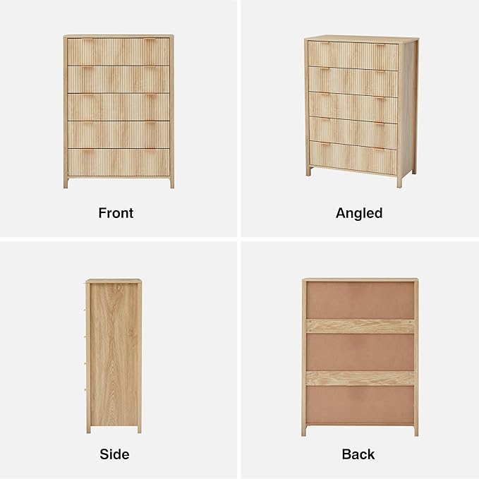 5 Drawer Dressers for Bedroom, Modern Closet Chest of Drawers with Waveform Fluted Panel, Large Wood Storage Dresser Organizer for Nursery Bedroom Living Room Hallway Closet, Natural