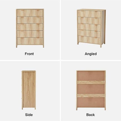 5 Drawer Dressers for Bedroom, Modern Closet Chest of Drawers with Waveform Fluted Panel, Large Wood Storage Dresser Organizer for Nursery Bedroom Living Room Hallway Closet, Natural