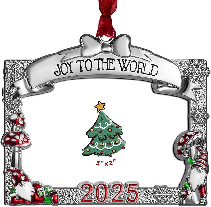 2025 Christmas Ornaments 3x2 inch Picture Frame Metal Hanging Pendant for Tree Small Decorative Keepsake, Display Photo for Baby and Pet (Gnome (2025))