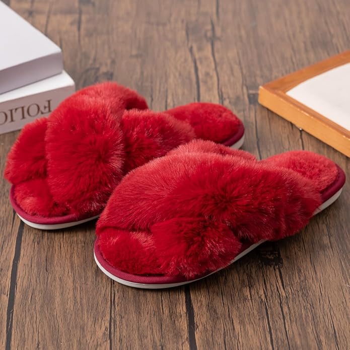 Women's Slipper Memory Foam Cross Band Fuzzy Slippers Open Toe Cozy House Slippers Cozy Plush Bedroom Indoor Outdoor