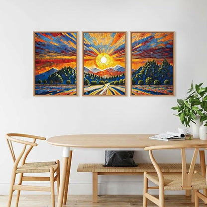 HOURIA Large Natural Mountain Forest Framed Canvas Wall Art Set,Wilderness Sunrise Wall Decor,Boho Pine Tree Square Ridge Artwork,Modern Field Art Print for Living Room, Office, Farmhouse- 24"x36"x3