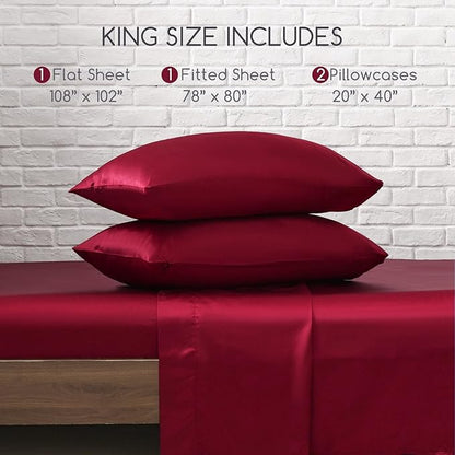 MR&HM Satin Bed Sheets, King Size Sheets Set, 4 Pcs Silky Bedding Set with 15 Inches Deep Pocket for Mattress (King, Burgundy)