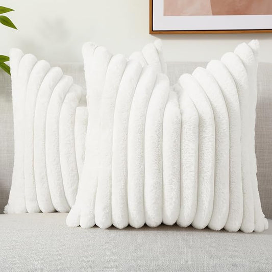 decorUhome Faux Fur Christmas Throw Pillow Covers 24x24 Set of 2, Decorative Soft Plush Striped Neutral Euro Pillow Covers with Velvet Back for Bed, Living Room Home Decor, White