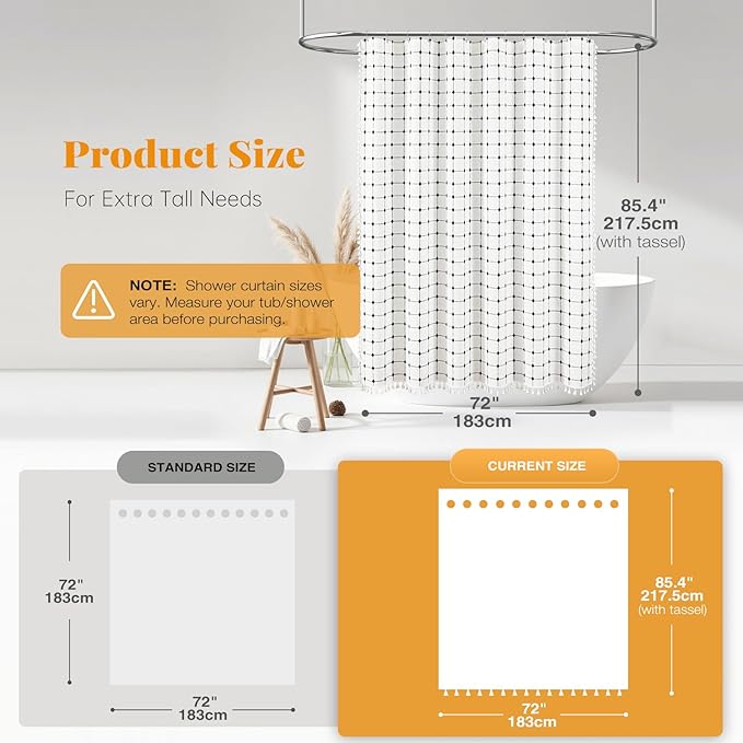 BTTN Extra Long Shower Curtain - 72x84 Inch Long Boho Chic Tassel Linen Fabric Shower Curtain Set with Hooks, Modern Farmhouse Elegant Heavy Duty Cloth Shower Curtains for Bathroom - White and Black