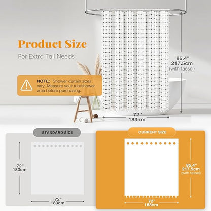 BTTN Extra Long Shower Curtain - 72x84 Inch Long Boho Chic Tassel Linen Fabric Shower Curtain Set with Hooks, Modern Farmhouse Elegant Heavy Duty Cloth Shower Curtains for Bathroom - White and Black