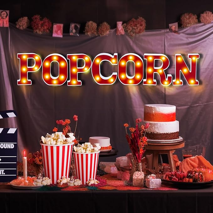 Popcorn Light up Letters Sign Party Decorations Battery Powered Marquee Lighted Sign LED Alphabet Letter Lights for Christmas Night Party Birthday Home Tabletop Decor Supplies Xmas Gift