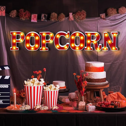 Popcorn Light up Letters Sign Party Decorations Battery Powered Marquee Lighted Sign LED Alphabet Letter Lights for Christmas Night Party Birthday Home Tabletop Decor Supplies Xmas Gift