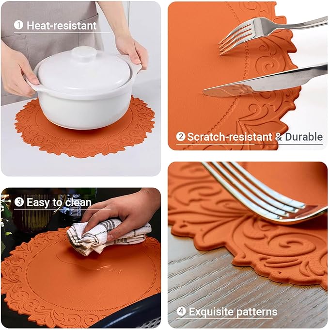 Noctiflorous Round Faux Leather 15 Inch Placemats Set of 6 Waterproof Wipeable Heat Resistant Tablemat for Dining Table Kitchen Non Slip Washable Oilproof Table Place Mat(Pumpkin Orange, 6)