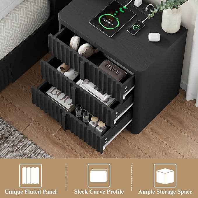 Fluted Nightstand with Charging Station, 23.6" Night Stand with Solid Wood Handle, Mid Century Moden Bedside Table End Table 3 Drawer Dresser for Bedroom, Living Room, Black