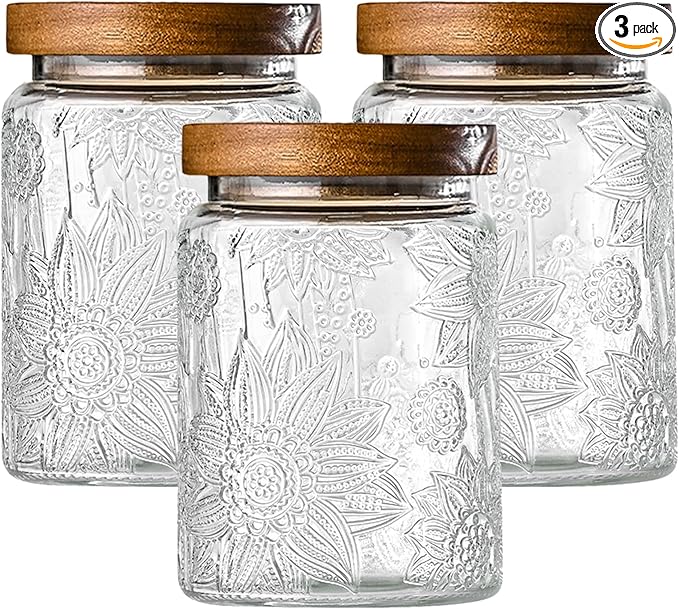 3-Pack 24oz Vintage Glass Jar With Lid, Glass Storage Containers, Airtight Kitchen Storage Containers For Sugar, Coffee, Tea, Spice, Flour, Candy Cookie, Pasta, Cereal
