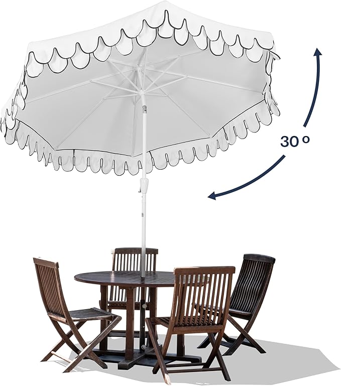 JONATHAN Y UMB1002D Tracy 9 ft. Classic MidCentury Scalloped Fringe Market Patio Umbrella with Auto-Tilt, Crank, Wind Vent and UV Protection in White/Black