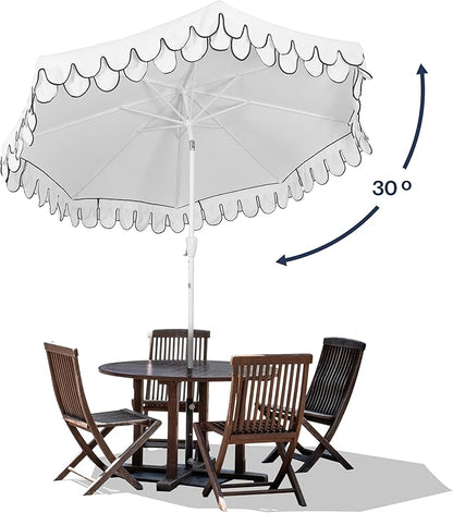 JONATHAN Y UMB1002D Tracy 9 ft. Classic MidCentury Scalloped Fringe Market Patio Umbrella with Auto-Tilt, Crank, Wind Vent and UV Protection in White/Black