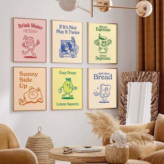 Retro Trendy Wall Art Decor Kitchen Aesthetic Canvas Wall Art Vintage Cute Pictures Funny Green Posters Retro Pink Prints Vintage Gallery Painting Funky Artwork for Room 12x16 Inch Unframed Set of 6