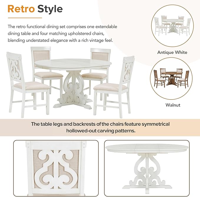 Merax Round Solid Wood Dining Table Set for 4, Farmhouse Kitchen Table Set with 4 Upholstered Chairs, 5-Piece Table and Chairs Set for Kitchen, Dining Room, Living Room, Antique White