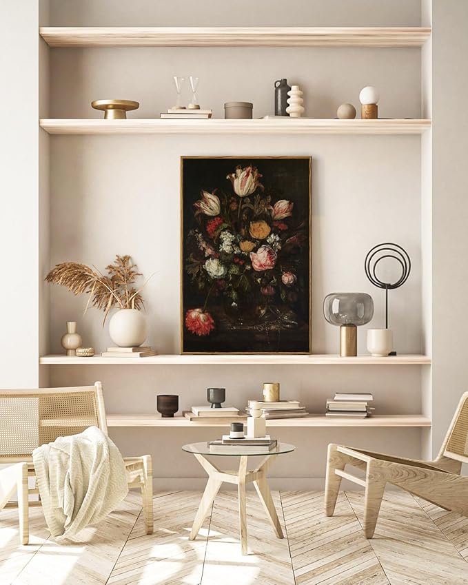 ARPEOTCY Large Framed Canvas Wall Art, Dark Roses Pictures Decor, 24x36Inch, Bathroom Bedroom Kitchen Vintage Floral Decor, Moody Farmhouse French Country Art