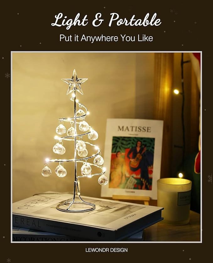 Lewondr Christmas Tree Lamp, 11 Inch Battery/USB Powered Crystal Spiral Christmas Tree Lava Lamp with Star Topper, Christmas Tree Light with Metal Stand Acrylic Balls for Home Bedroom Xmas, Silver