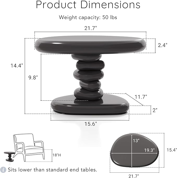 24/7 Shop at Home Kavren Modern 37-inch 3-Piece Oval Glossy Low Profile Coffee Table Set, Stone Shape Living Room Furniture for Small Space, Dark Grey