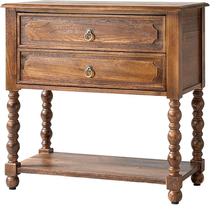 HULALA HOME Farmhouse Storage End Table with 2 Drawers and Open Shelf, Solid Wood Side Table with Spindle Legs, Nightstand with Charging Station (Walnut)