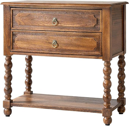 HULALA HOME Farmhouse Storage End Table with 2 Drawers and Open Shelf, Solid Wood Side Table with Spindle Legs, Nightstand with Charging Station (Walnut)