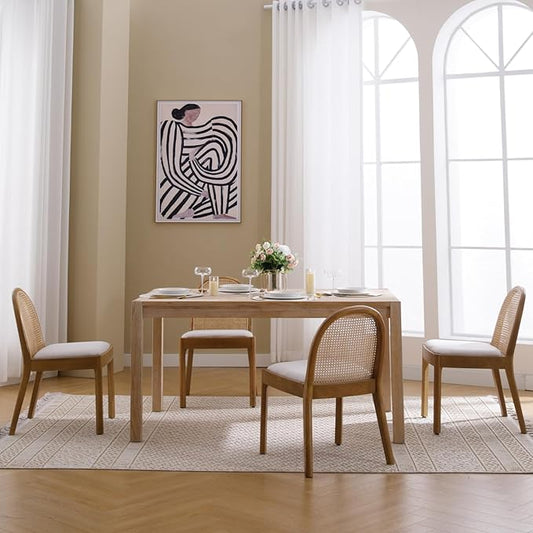 Mid Century Dining Chairs Set of 6, Rattan Linen Fabric Side Chairs Kitchen Chair with Solid Wooden Legs for Living Room Dining Room, Beige