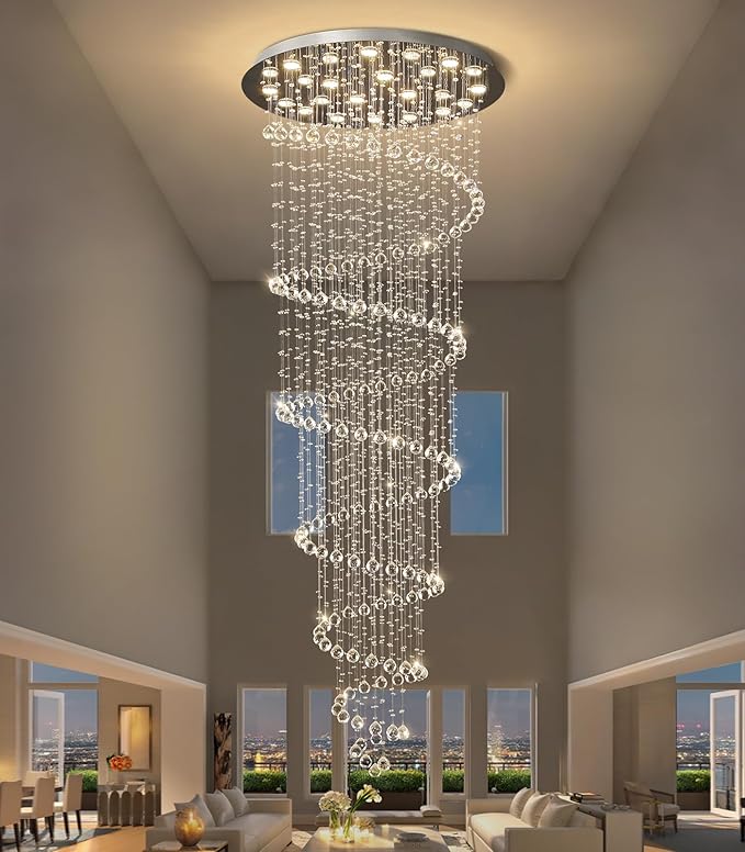 W47 x H118 High Ceiling Chandelier with LED Bulbs Dimmable Long Light Glam Chandeliers Crystal Pendants Light Fixtures for Foyer Entryway Living Room Stair Silver
