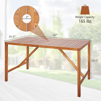 Tangkula Outdoor Rectangle Dining Table, Acacia Wood Table with 2 Inch Umbrella Hole, Spacious Slatted Tabletop for 6 Person, Indoor Outdoor Table for Backyard, Dining Room