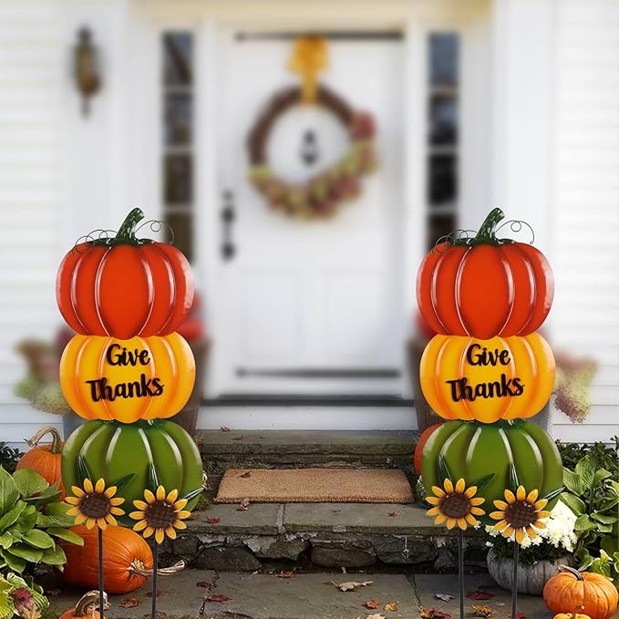 Pumpkin Yard Stakes Large 38.5" with Give Thanks Sign and Decorative Sunflowers, Fall Decorations for Home Outdoor Thanksgiving Decor and Fall Porch Decor