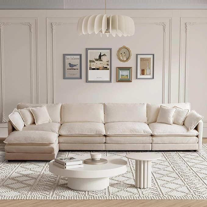 SoarFlash Chenille Sectional Sofa, Comfy L Shaped Modular Coush Sofa with Ottoman, Modern 4 Seat Couch Deep Seat Sofa Set for Living Room,Light Coffee