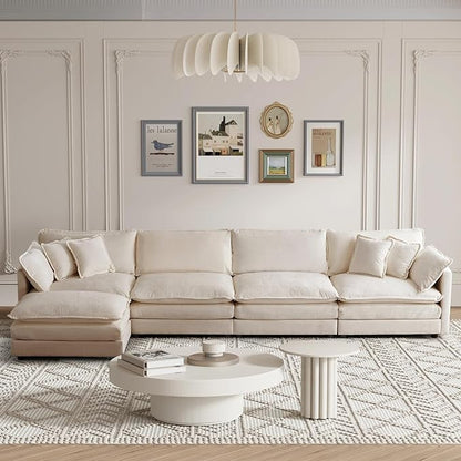 SoarFlash Chenille Sectional Sofa, Comfy L Shaped Modular Coush Sofa with Ottoman, Modern 4 Seat Couch Deep Seat Sofa Set for Living Room,Light Coffee
