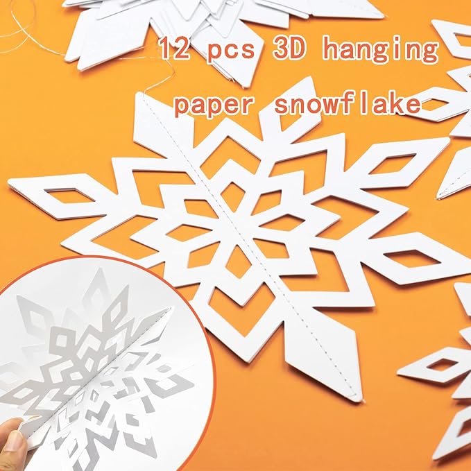 GuassLee Winter Wonderland Frozen Party Decorations - White 12pcs Hanging 3D Paper Snowflakes and Snowflake Garland for Christmas Birthday Parties
