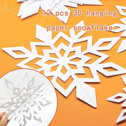 GuassLee Winter Wonderland Frozen Party Decorations - White 12pcs Hanging 3D Paper Snowflakes and Snowflake Garland for Christmas Birthday Parties