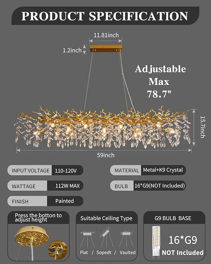Modern Tree Branch Chandelier, 16 Lights Rectangular 59" Crystal Gold Chandeliers for Kitchen Island Dining Room Living Room