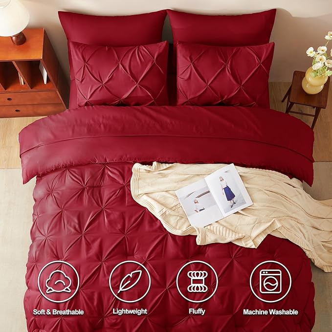 CozyLux King Size Comforter Set Dark Red, 7 Pieces Pintuck Bed in A Bag Red Comforter King Size, Pinch Pleat Bedding Set with All Season Comforter, Sheets, Pillowcases & Shams