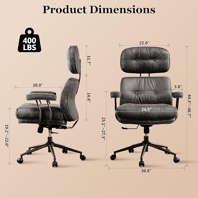 Mid Century Modren Big and Tall Office Chair,Large Ergonomic Executive Chair for Heavy Duty People, Desk Task Chair with Wheels, Faux Lether Fabric Wide Chair for Home Sturdy,Grey