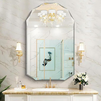 KOCUUY 30"x48" Frameless Wall Mirror, Arched Shape with Diamond-Shaped Beveled Edge,Unframed Decorative with Upgraded Shatterproof Glass,Unique Frameless Mirror for Bathroom,Living Room,Bedroom