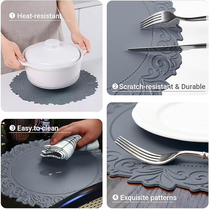 Noctiflorous Round Faux Leather 15 Inch Placemats Set of 6 Waterproof Wipeable Heat Resistant Tablemat for Dining Table Kitchen Non Slip Washable Oilproof Table Place Mat(Graphite Gray, 6)