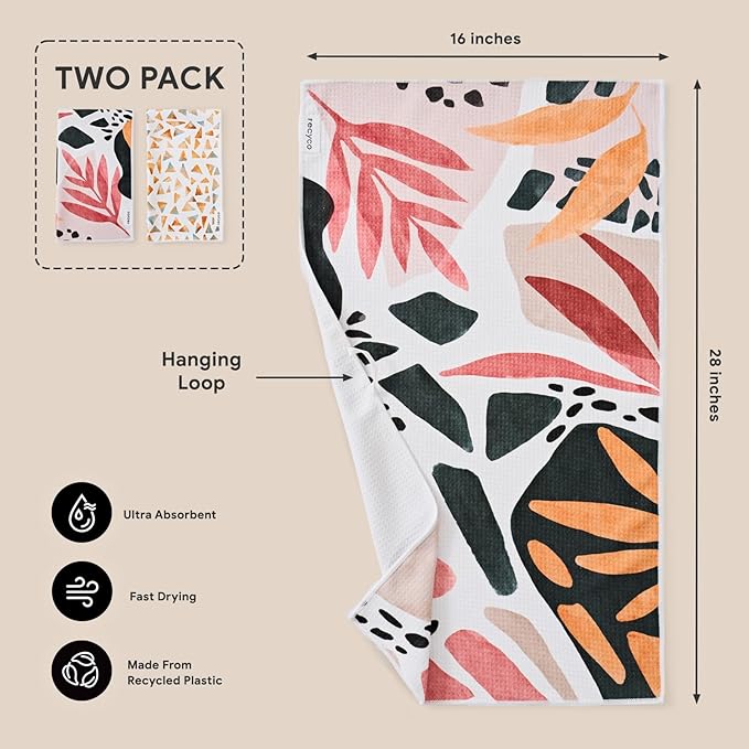 RECYCO Waffle Kitchen Towels Set of 2 Quick Dry Microfiber Sustainable Lightweight Hand Towels Boho Oasis 16x28