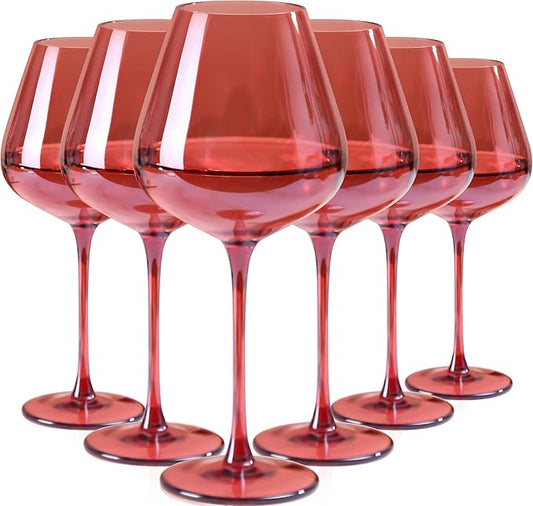 Physkoa Rose Colored Wine Glasses Set - 6 x 16oz Bordeaux Wine Glasses With Large & Long Stem, Perfect Gifts for Birthday, Wedding, Bridal Showers