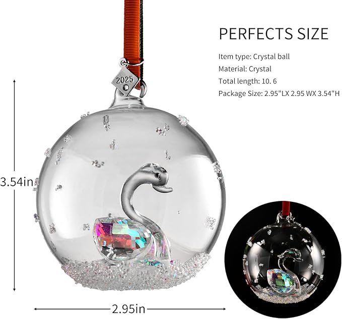 2025 Crystal Clear Glass Ball Christmas Ornament, Modern Tree Decoration with Red Ribbon (Swan)