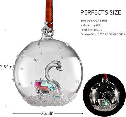 2025 Crystal Clear Glass Ball Christmas Ornament, Modern Tree Decoration with Red Ribbon (Swan)