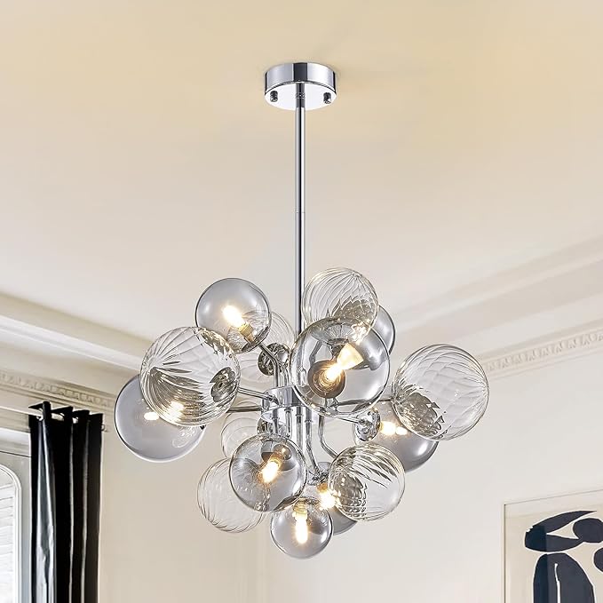 Mid Century Bubble Chandelier 8-Light 24in Globe Sputnik Pendant Light Fixture Modern Silver Chandeliers with 15 Bubbles LIght Fixtures for Dining Room Kitchen Living Room Bedroom Entryway Foyer